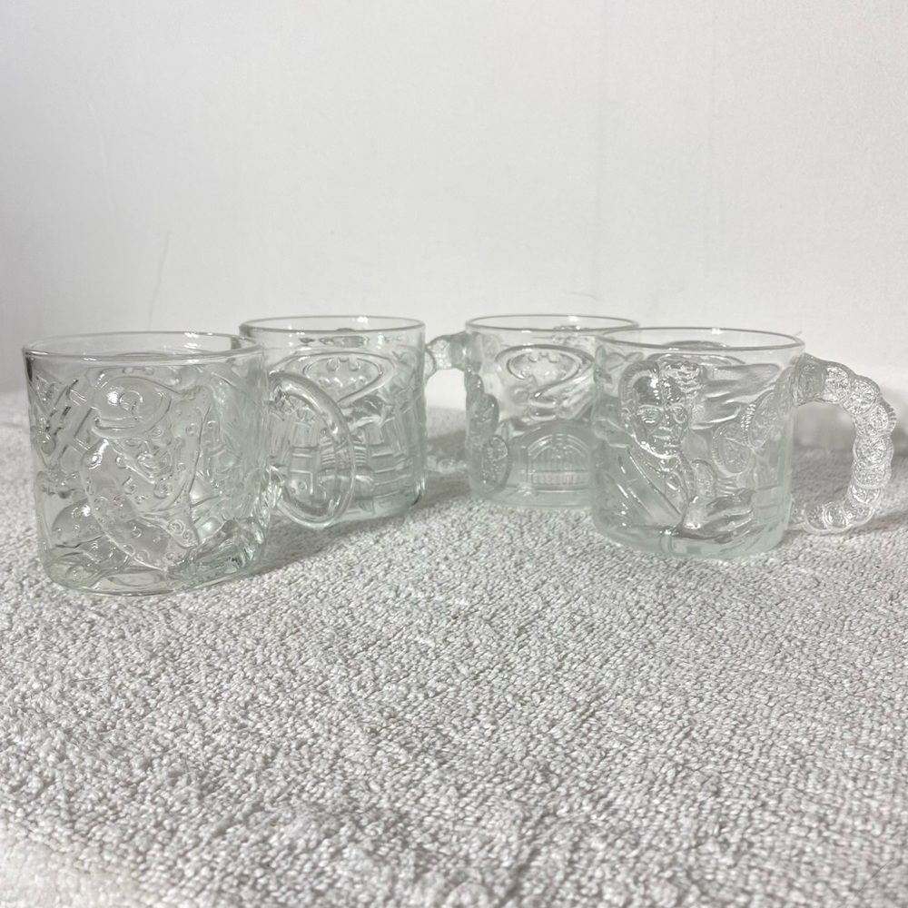 Vintage McDonalds Batman Forever Two Face & The Riddler Clear Glass Mug Set x4